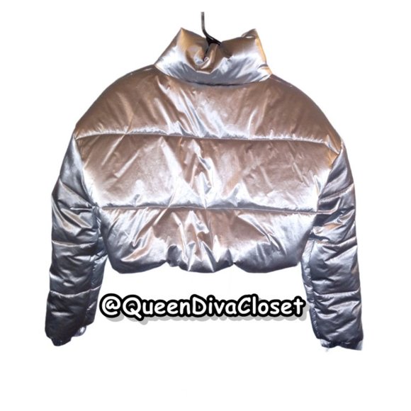 New Silver Drop Shoulder Crop Puffer Coat Jacket M 6-8, 10 - Picture 4 of 8